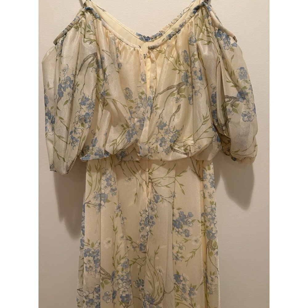 Vtg 70s Cream Delicate Blue Flowers Blouson Maxi Dress Floral Prairie Cottage - Picture 8 of 16